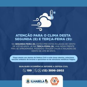 Ilhabela: Defesa Civil alerta para ventos de até 90 km/h nos dias 8 e 9.