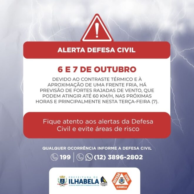 Aviso da Defesa Civil de Ilhabela sobre riscos e precauções