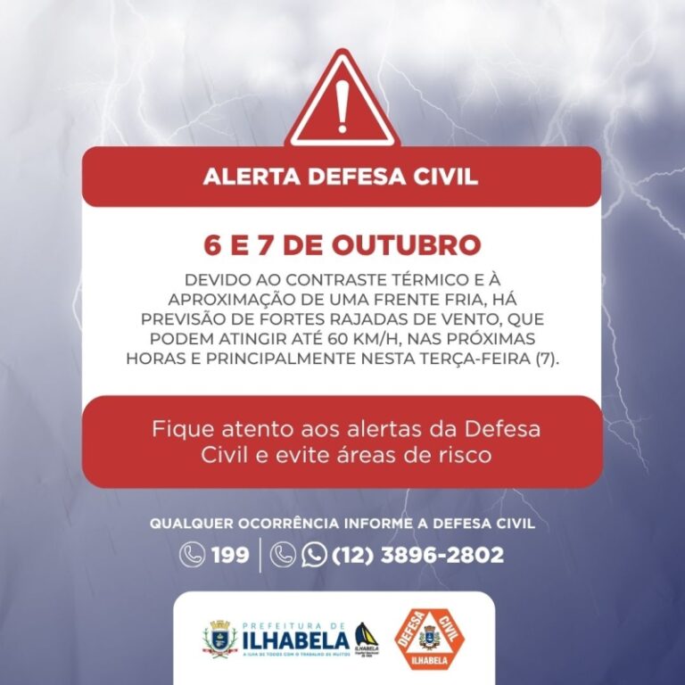 Aviso da Defesa Civil de Ilhabela sobre riscos e precauções